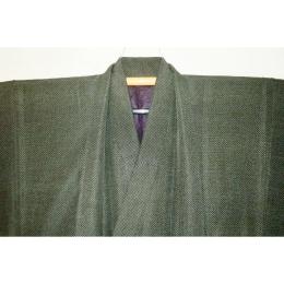 弐11304RM 本絹丹後縮緬紬 男着物羽織 裄69丈135К渋緑茶色霰文様 茶人好み 織が凄い