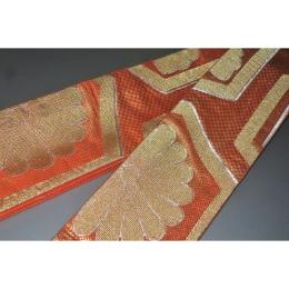 弐11330RM 男角帯 本絹西陣織 К朱色地金襴・亀甲市松に十六枚菊の図 新品 豪華な織 金属糸使