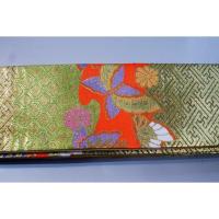 拾11349RM 女性袴下帯 シルク化繊西陣織金襴К紗綾形と変わり亀甲文様に蝶 全通 新品別誂え