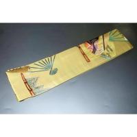 弐11391RM 男角帯 本絹西陣錦織 К沈金色地金襴・御所解き扇面平安絵巻文様 新品 金属糸使用