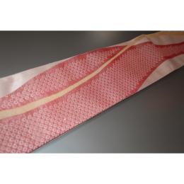 弐11414RM 男角帯 絹交ぜ織り西陣織К繻子織桜色地流線形の鹿の子桜 上仕立て全通 別誂え