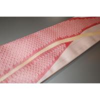 弐11414RM 男角帯 絹交ぜ織り西陣織К繻子織桜色地流線形の鹿の子桜 上仕立て全通 別誂え