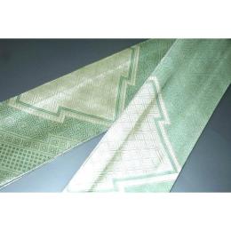 弐11420RM 男角帯 本絹銀糸西陣織角帯К銀地銀欄銀緑 古典裂取り稲妻菱と沙綾形の両面全通 別誂