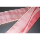 弐11421RM 男角帯 絹交ぜ織り西陣織К繻子織 緋桜流線形 芭蕉色の金筋縞 上仕立て全通 新品別