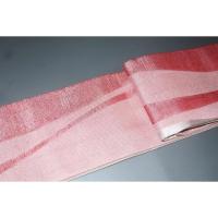 弐11421RM 男角帯 絹交ぜ織り西陣織К繻子織 緋桜流線形 芭蕉色の金筋縞 上仕立て全通 新品別