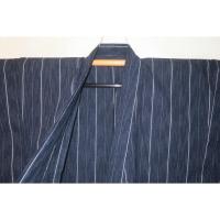 弐11522RM 綿麻近江上布 男着物単衣浴衣 裄73丈143К透かし織 藍色地にスジ縞・五月雨飛白