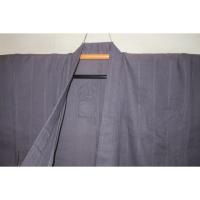 弐11537RM 綿麻遠州織 男着物単衣 裄72丈154К透かししじら織 灰色地にバックエンブレム・