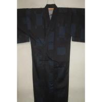 弐11556RM 遠州綿紬 男の染絣の着物浴衣単衣 裄71丈153К黒瑠璃濃淡地に平角と揺り角・造形