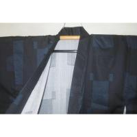 弐11556RM 遠州綿紬 男の染絣の着物浴衣単衣 裄71丈153К黒瑠璃濃淡地に平角と揺り角・造形