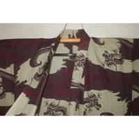 弐11557RM 遠州木綿 男着物単衣浴衣 裄69丈143К防染 灰茶に臙脂濃淡の風雲急に龍 新品