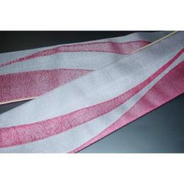 弐11229RM 男角帯 絹交ぜ織り西陣織К繻子織 緋桜流線形と灰銀 芭蕉色の金筋縞 上仕立て全通