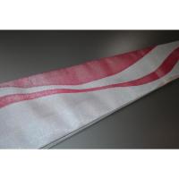 弐11229RM 男角帯 絹交ぜ織り西陣織К繻子織 緋桜流線形と灰銀 芭蕉色の金筋縞 上仕立て全通