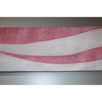 弐11229RM 男角帯 絹交ぜ織り西陣織К繻子織 緋桜流線形と灰銀 芭蕉色の金筋縞 上仕立て全通