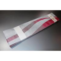 弐11229RM 男角帯 絹交ぜ織り西陣織К繻子織 緋桜流線形と灰銀 芭蕉色の金筋縞 上仕立て全通