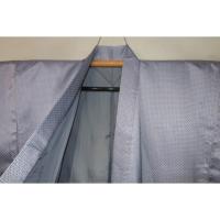 拾11278RM シルク化繊丹後縮緬綸子調 男着物袷 裄71丈148К青灰銀ネズ色地の四ツ目絞り織文