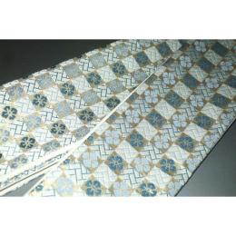 弐11284RM 男角帯 シルク化繊西陣織К灰色と金の桧垣市松に花菱文様 全通 新品別誂え