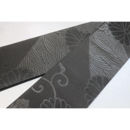 弐11393RM 男角帯 本絹西陣織К黒繻子 葉付き蔓菊に青海波 新品 上仕立て 10cm幅 別誂え
