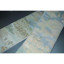 弐11460RM 男角帯 絹交ぜ織り西陣織 К灰緑色地に沈金暈しの山鉾巡行の図 新品 別誂え