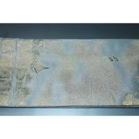 弐11460RM 男角帯 絹交ぜ織り西陣織 К灰緑色地に沈金暈しの山鉾巡行の図 新品 別誂え