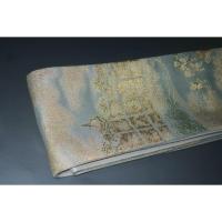 弐11460RM 男角帯 絹交ぜ織り西陣織 К灰緑色地に沈金暈しの山鉾巡行の図 新品 別誂え