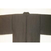 拾10243RM シルク化繊丹後縮緬調 男着物袷 裄70丈146К焦げ茶色濃淡・角通し千鳥格子文様