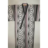 弐11509RM 遠州綿紅梅紬 男の高級浴衣着物単衣 裄68丈145К白地大柄 組木麻の葉縞 新品上