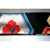 弐10542RM 男角帯 本絹西陣織 К黒地 亀甲に青海波と牡丹の図 別誂え