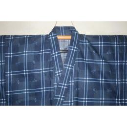 弐11659RM 綿紬東京友禅調 男木綿着物浴衣 裄69丈147К藍青灰地 格子に蜻蛉 新品格上物