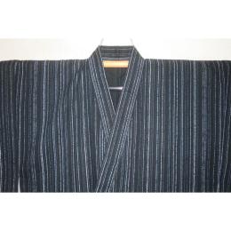 弐11685RM 綿紬東京友禅調 男木綿着物単衣浴衣 裄72丈150К黒地に五月雨縞 新品格上物 無