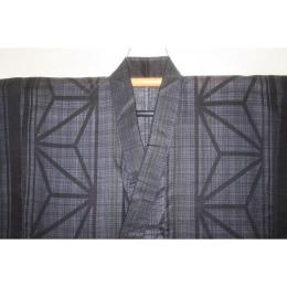 弐11797RM 遠州綿紅梅紬 男の高級浴衣着物単衣 裄68丈150К黒影色地大柄 組木麻の葉縞 新