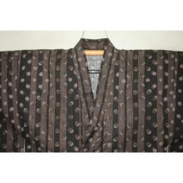 弐11953RM 遠州織綿紬 男の染絣の着物浴衣単衣 裄70丈150К黒褐色に月影・造形美文様 新品