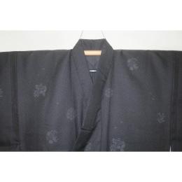 拾12050RM シルク化繊丹後縮緬調 男着物単衣 裄72丈140К 黒地の加賀紋ちらし影文様 舞踊