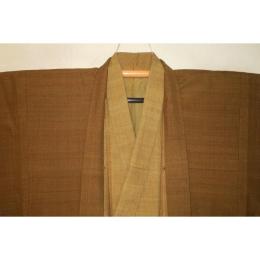 弐11028 本絹京紬粗細 男着物羽織 裄67丈137К苅安染め真鍮色と黄土色の濃淡 超大物絶品