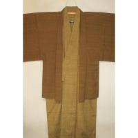 弐11028 本絹京紬粗細 男着物羽織 裄67丈137К苅安染め真鍮色と黄土色の濃淡 超大物絶品