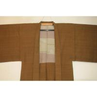 弐11028 本絹京紬粗細 男着物羽織 裄67丈137К苅安染め真鍮色と黄土色の濃淡 超大物絶品