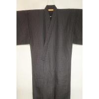 拾11039RM シルク化繊丹後縮緬調 男着物袷 裄70丈147К墨焦げ茶灰茶の大小行儀紋縞文様 洗