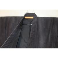 拾11039RM シルク化繊丹後縮緬調 男着物袷 裄70丈147К墨焦げ茶灰茶の大小行儀紋縞文様 洗