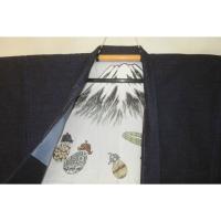 弐11060RM 本絹本真綿結城紬 男着物羽織 裄71丈146К黒瑠璃色の虎斑「結」印 極上品 証紙