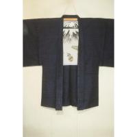 弐11060RM 本絹本真綿結城紬 男着物羽織 裄71丈146К黒瑠璃色の虎斑「結」印 極上品 証紙