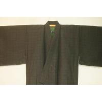 拾11090RM シルク化繊丹後縮緬調 男着物袷 裄70丈147К茶色濃淡・角通し千鳥格子文様 洗え