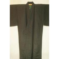 拾11090RM シルク化繊丹後縮緬調 男着物袷 裄70丈147К茶色濃淡・角通し千鳥格子文様 洗え