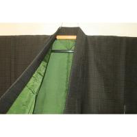 拾11090RM シルク化繊丹後縮緬調 男着物袷 裄70丈147К茶色濃淡・角通し千鳥格子文様 洗え