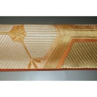 弐11112RM 男角帯 本絹金糸使用の西陣織 柿色地金襴角帯К 亀甲に三つ荒神松文様 別誂え