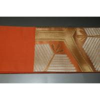 弐11112RM 男角帯 本絹金糸使用の西陣織 柿色地金襴角帯К 亀甲に三つ荒神松文様 別誂え