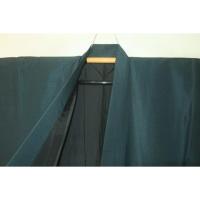 拾11169RM シルク化繊丹後縮緬お召調 男着物袷 裄72丈145К青緑お納戸色・無地感 茶人好み