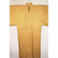 拾11273RM シルク化繊丹後縮緬綸子調 男着物袷 裄71丈148К黄金山吹色地の四ツ目絞り織文様