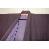 拾11274RM シルク化繊丹後縮緬調 男着物袷 裄70丈149К桜ネズ・藤紫色地の毘沙門亀甲文様